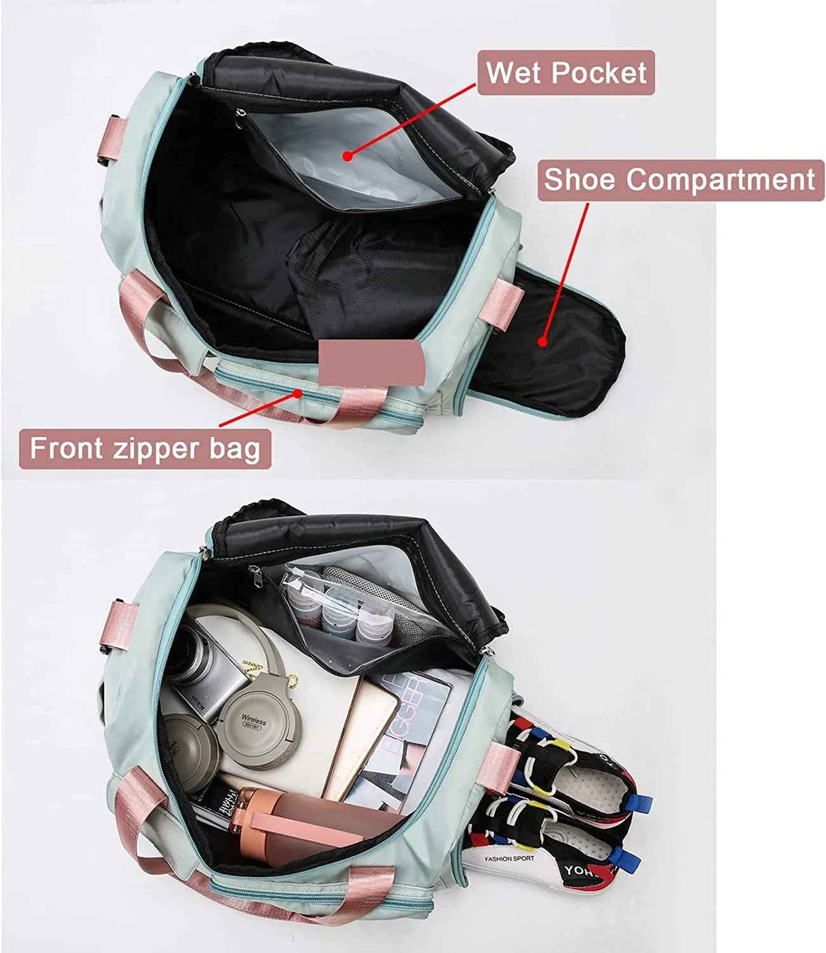 Small Gym Bag for Women, Waterproof Duffle Bag Carry on Weekender Bag with Shoe Compartment & Wet Pocket, Tote Bag for Travel, Workout, Sport
